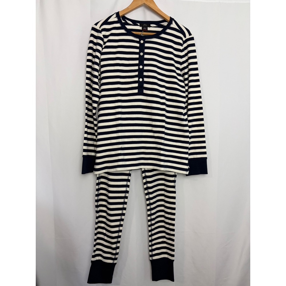 J.Crew Womens Navy White Striped Waffle Knit Pajama Set Henley Top Leggings L